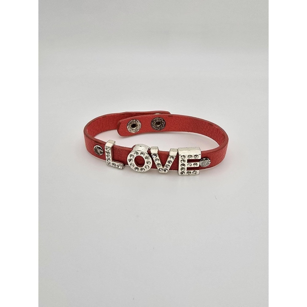 Vtg YIK FUNG Signed Red Leather & Rhinestone Slide Charm Bracelet FREE $HIPPING!